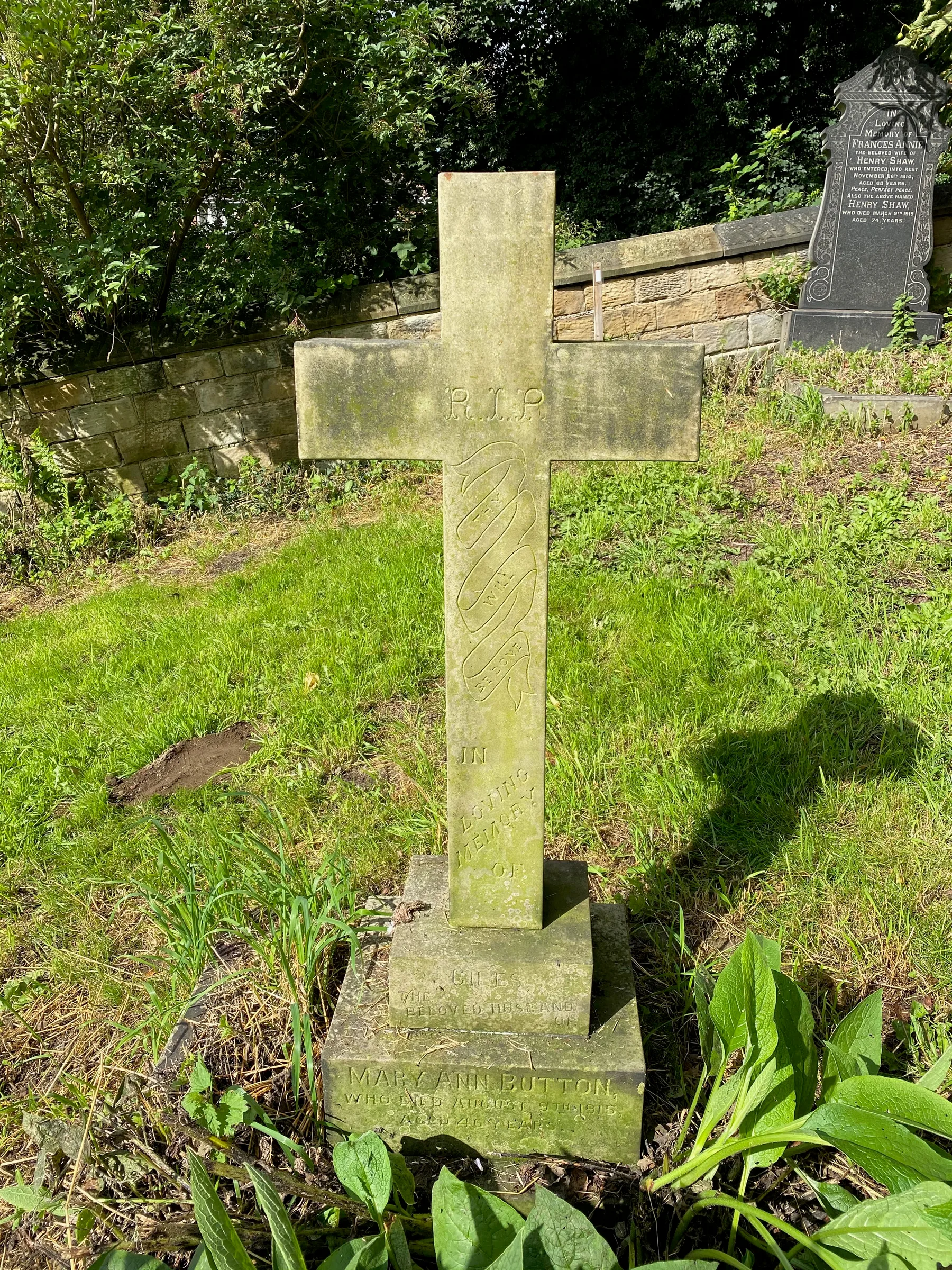 Giles Button (1868 Barnsley, South Yorkshire, England – 1915 Barnsley, South Yorkshire, England), Mary Ann Greenhow (b. 1872 in Staincross, South Yorkshire, England), All Saints Church, Church Street, Darfield, South Yorkshire, England — "Giles, the beloved husband of Mary Ann Button who died August 9th 1915, aged 46 years." Photograph of headstone taken…, 9 August 1915