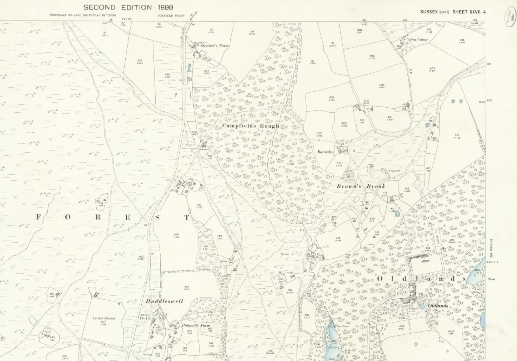 Barnsden Farm, Oldlands, Maresfield, East Sussex, England — Ordnance Survey map showing the location of Barnsden. Reproduced with the permission of the National Library of…, 1899