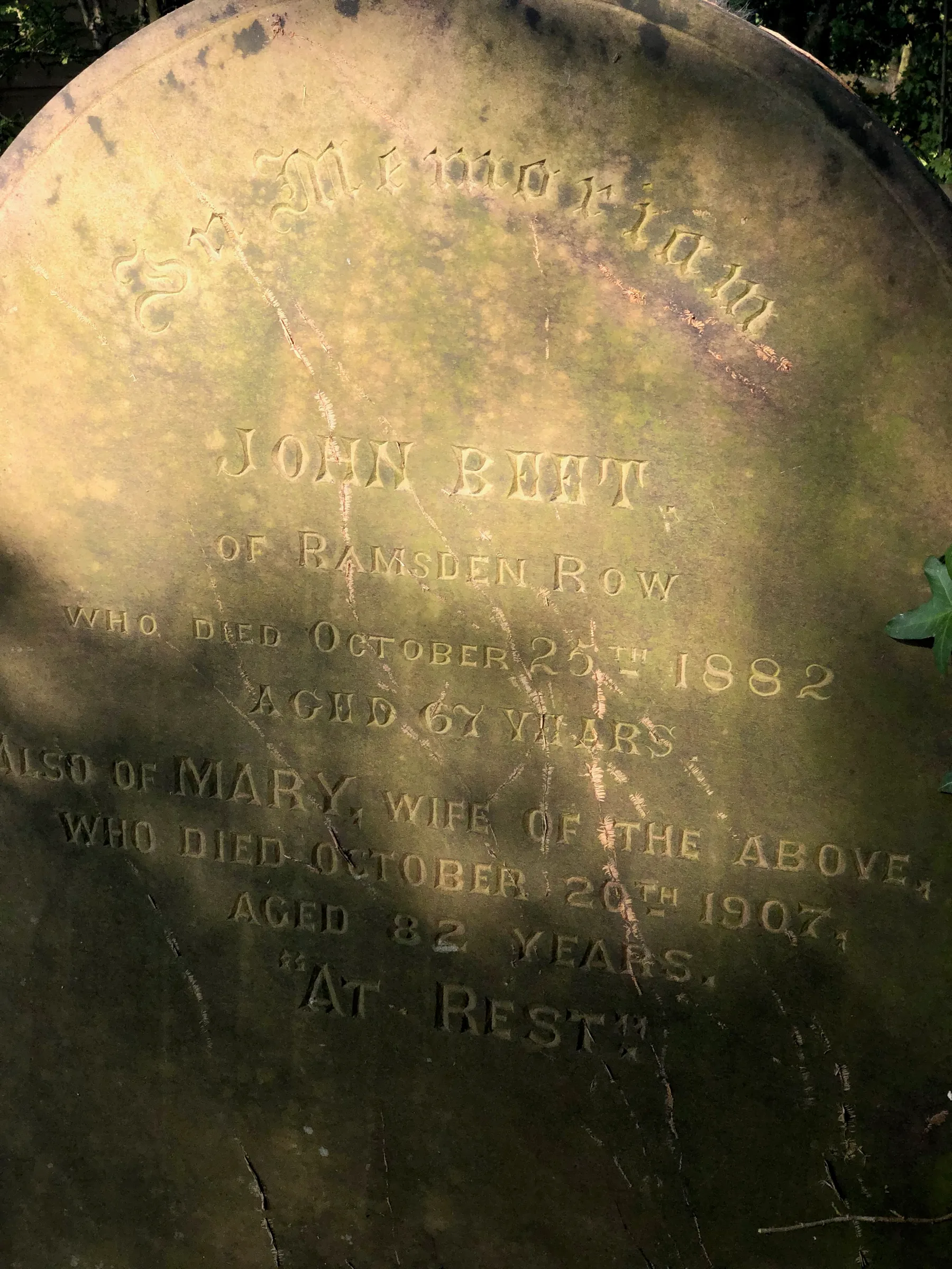 John Percival Beet, Mary Earnshaw, Holy Trinity Church, Thurgoland, South Yorkshire, England — "In Memorium. John Beet of Ramsden Row who died October 25th 1882 aged 67 years. Also of Mary, wife of the above, who…, 25 October 1882