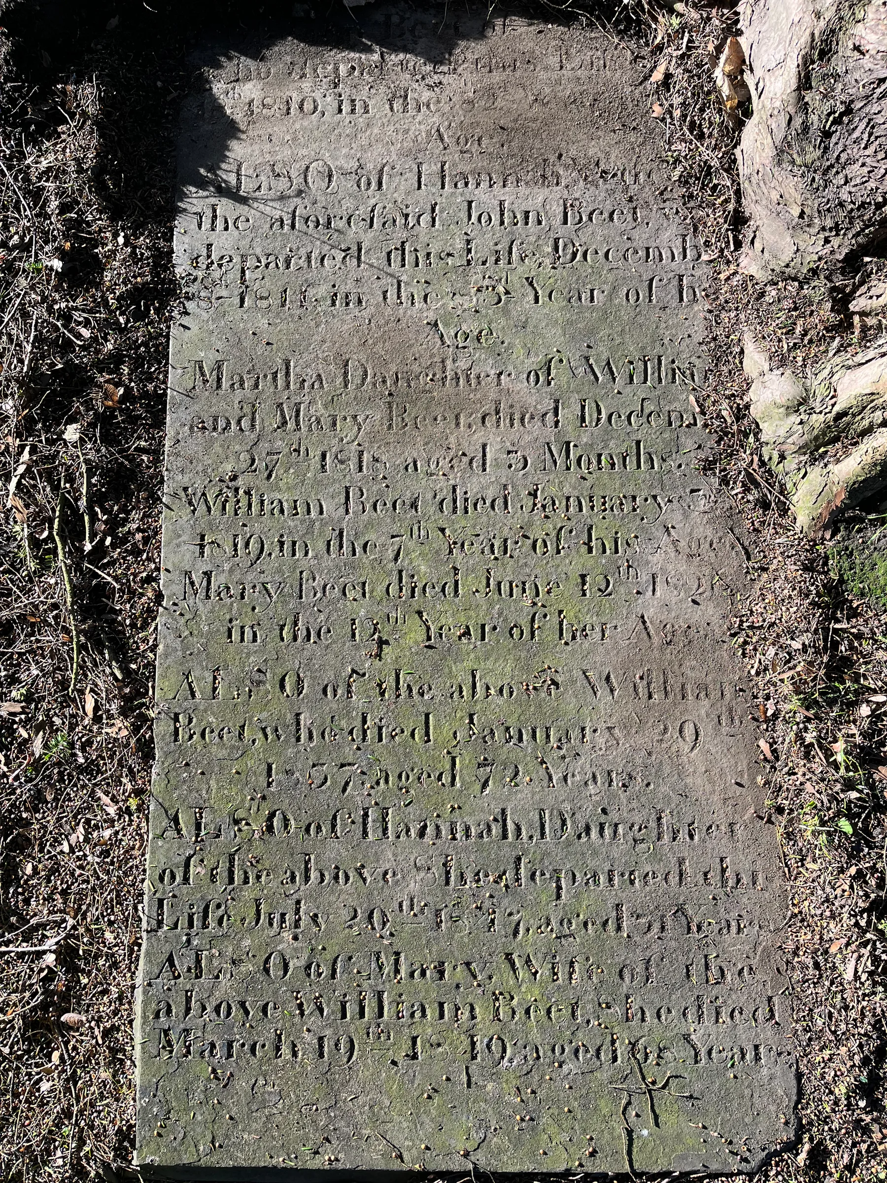 John Beet (1728 – 1810 Wortley, South Yorkshire, England), Martha Beet (1818 Wortley, South Yorkshire, England – 1818 Wortley, South Yorkshire, England), William Beet (1814 Wortley, South Yorkshire, England – 1819 Wortley, South Yorkshire, England), and 5 others, St Leonard's Church, Sheffield Road, Wortley, South Yorkshire, England — Photograph of headstone was taken on 20 January 2023 at St Leonard's Church, Wortley, Yorkshire. The transcription of…, 20 January 2023