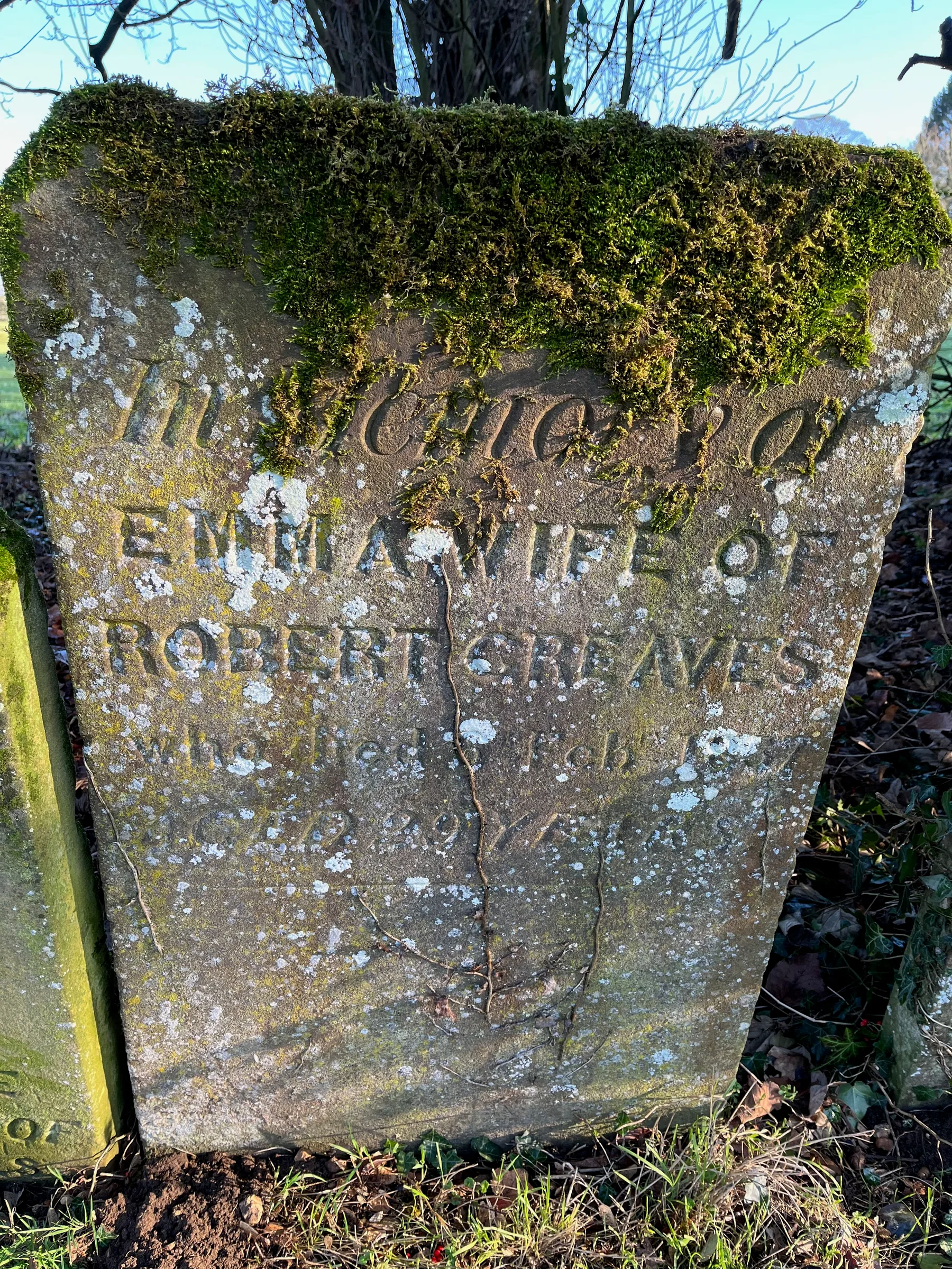 Emma Northover Petty (1827 – 1857 Finmere, Oxfordshire, England), Robert Greaves (b. 1805 in Finmere, Oxfordshire, England), St Michael's & All Angels Church, Water Stratford Road, Finmere, Oxfordshire, England — "In memory of Emma, wife of Robert Greaves who died 6 Feb[rua]ry 1857. Aged 29 years". The photo of the headstone was…, 6 February 1857