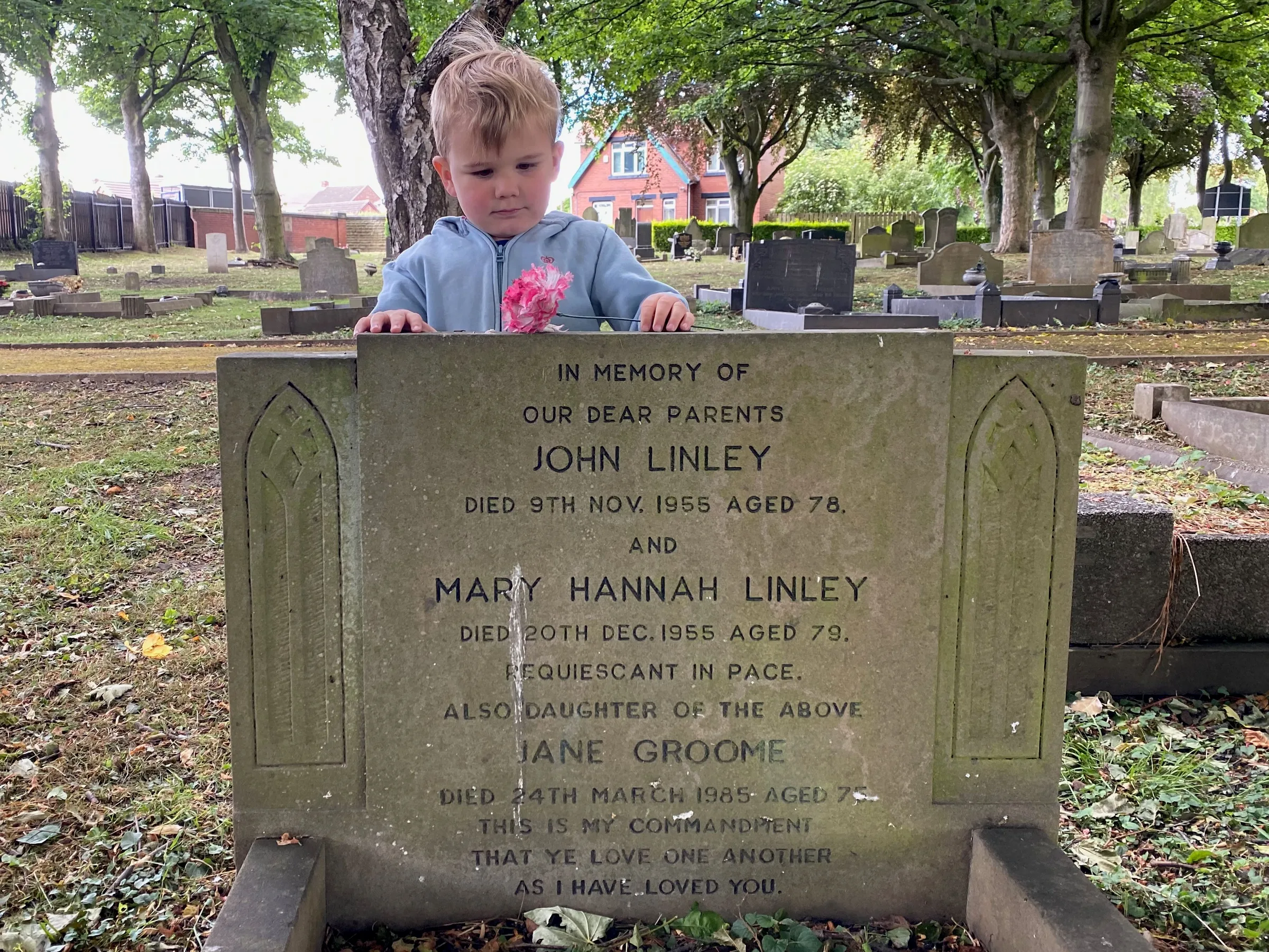 John Linley (1877 Ardsley, South Yorkshire, England – 1955 Darfield, South Yorkshire, England), Mary Hannah Button (1876 Darfield, South Yorkshire, England – 1955 Barnsley, South Yorkshire, England), Jane Linley (1910 Darfield, South Yorkshire, England – 1985 Epsom, Surrey, England), Darfield Cemetery, Saltersbrook Road, Darfield, South Yorkshire, England — At the headstone of his 2nd great grandmother Jane, and 3rd great grandparents John and Mary at Darfield Cemetery,…, 05 June 2020
